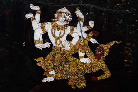 Bangkok, Thailand - May 18, 2019: The Ramakian (Ramayana) mural paintings along the galleries of the...