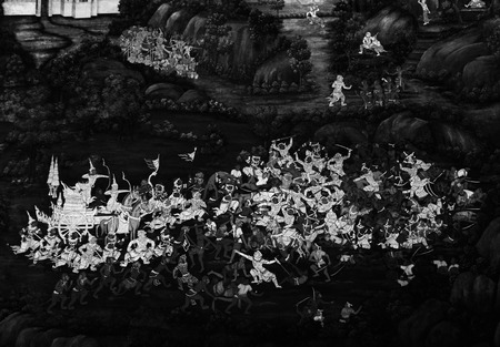 The Ramakian (Ramayana) mural paintings are black and white color isolated wall pattern along the galleries of the Temple of the Emerald Buddha, grand palaceのeditorial素材