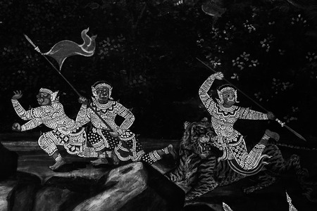 The Ramakian (Ramayana) mural paintings are black and white color isolated wall pattern along the...