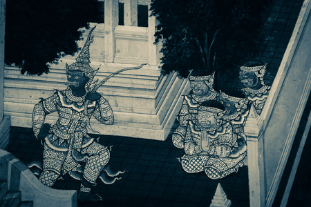 The Ramakian (Ramayana) mural paintings are black and white color isolated wall pattern along the galleries of the Temple of the Emerald Buddha, grand palaceのeditorial素材
