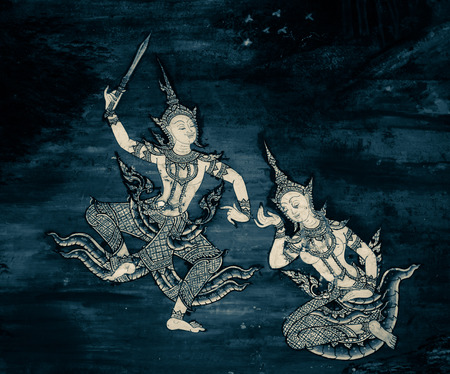 The Ramakian (Ramayana) mural paintings are black and white color isolated wall pattern along the galleries of the Temple of the Emerald Buddha, grand palaceのeditorial素材