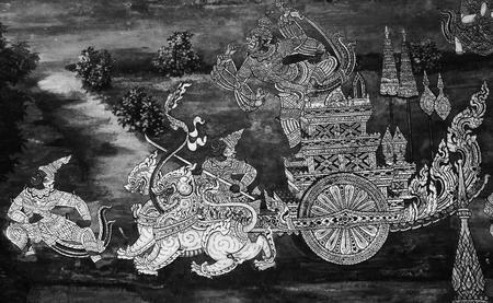 The Ramakian (Ramayana) mural paintings are black and white color isolated wall pattern along the galleries of the Temple of the Emerald Buddha, grand palaceのeditorial素材