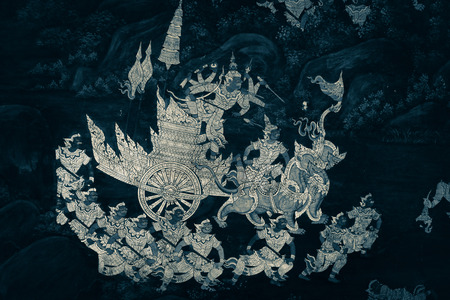 The Ramakian (Ramayana) mural paintings are black and white color isolated wall pattern along the galleries of the Temple of the Emerald Buddha, grand palaceのeditorial素材