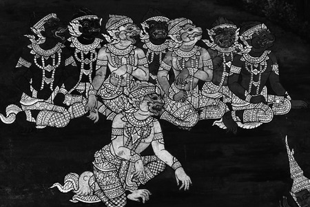 The Ramakian (Ramayana) mural paintings are black and white color isolated wall pattern along the...