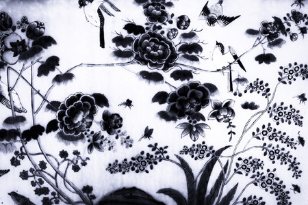 Tree bird and Flowers Art paintings on tiles pattern wall and color black and white  isolated along...