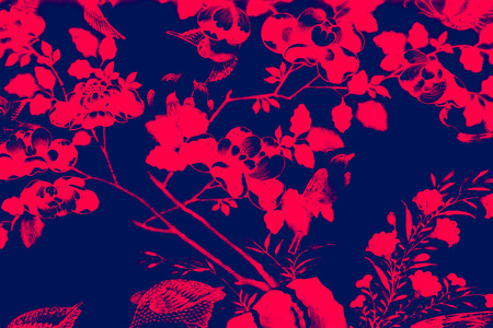 Beautiful tree bird and flowers art paintings color pink and black  illustration pattern background and wallpaperの写真素材