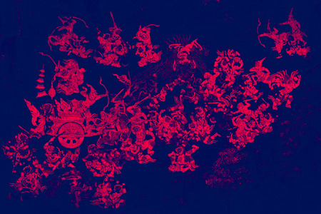 The Ramakien (Ramayana) mural paintings color black and pink illustration along the galleries...