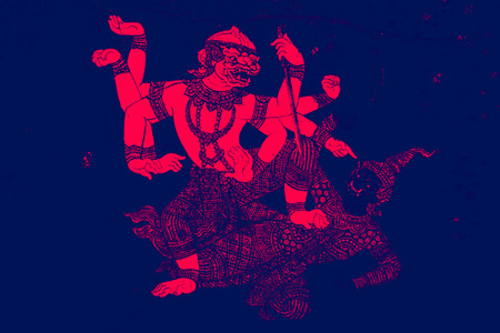 The Ramakien (Ramayana) mural paintings color black and pink illustration along the galleries...