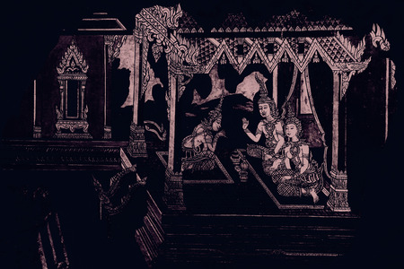 Bangkok/Thailand-May 27, 2019 The Ramakien (Ramayana) mural paintings color black white and pink along the galleries wallpaper and art background at grand palace Bangkokのeditorial素材