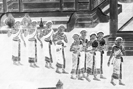 Bangkok Thailand-June 1, 2019 The Ramakien (Ramayana) mural paintings color black white and white isolated along the galleries wallpaper and art background at grand palace Bangkokのeditorial素材
