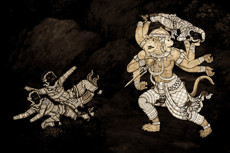 Bangkok, Thailand - July 15, 2019: The Ramakian (Ramayana) mural paintings along the galleries of the Temple of the Emerald Buddha, grand palace or wat phra kaew Bangkok Thailandのeditorial素材