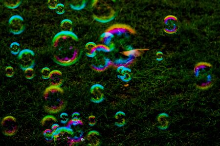 Beautiful abstract texture colorful pink and blue soap bubbles on the green and darkness background and wallpaperの写真素材