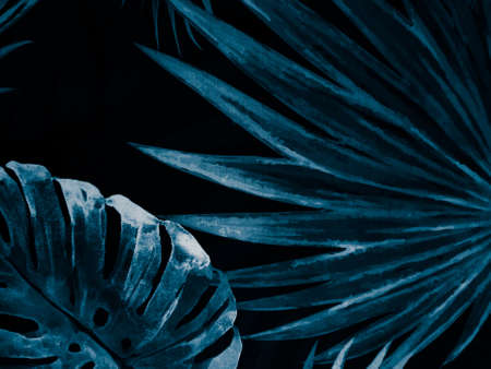 Beautiful abstract color gray and blue flowers on dark background and dark  flower frame and blue leaves texture, blue background, dark blue graphics bannerの写真素材