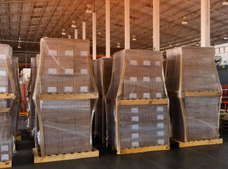 Shipment cartons box on pallets and wooden case on hand lift in interior warehouse cargo for export...