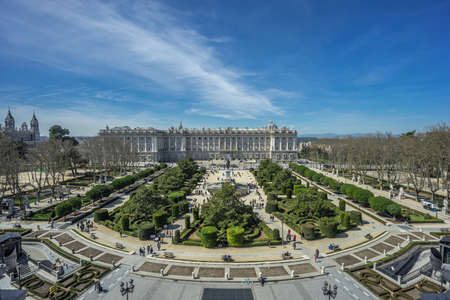 Madrid, Spain. March 17, 2017. Panoramic view of tourists gathering around Royal Palace (Palacio Real), Plaza de Oriente, Lepanto Gardens (Jardines de Lepanto) and Almudena Cathedralのeditorial素材