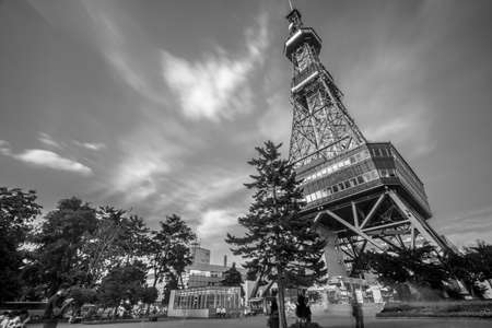 Hokkaido, August 02, 2016. Wide-angle view of Sapporo TV Tower from Odori Park with blurred cloud streaks.のeditorial素材