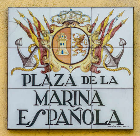 Madrid, Spain - April 12, 2017. Traditional handmade ceramic tiles street sign. Located in historic center of Madrid. Plaza de la Marina Espanolaのeditorial素材