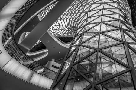 Frankfurt - July 26, 2016. Ground level view inside Myzeil shopping mall. Futuristic architecture Myzeil shoping center building was designed by Massimiliano Fuksas.のeditorial素材