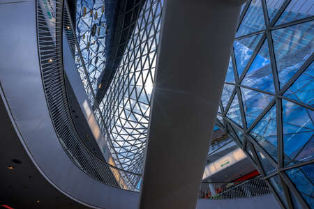 Frankfurt - July 26, 2016. Longest escalator in Germany inside of futuristic architecture Myzeil shoping center building. Designed by Massimiliano Fuksas.のeditorial素材