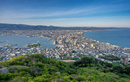 Hakodate, Hokkaido, Japan - May 14, 2016: Panoramic view of the city and suroundings from Mount Hakodate at twilightのeditorial素材