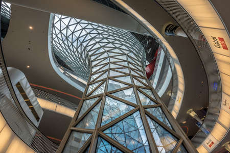 Frankfurt - July 26, 2016. Ground level view inside Myzeil shopping mall. Futuristic architecture Myzeil shoping center building was designed by Massimiliano Fuksas.のeditorial素材