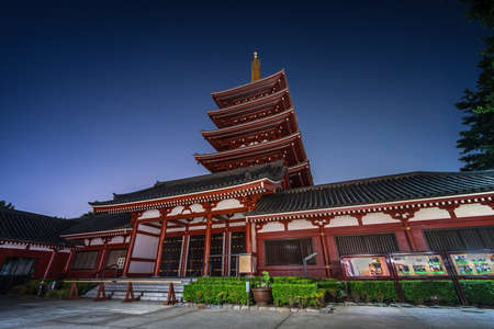 Taito Ward, Tokyo - August 2, 2018 : Late night scene at Senso-ji Temple five-story pagoda. Second highest pagoda in Japan. Stars in the backgroundのeditorial素材