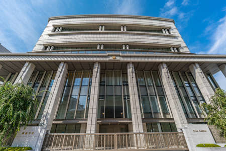 Tokyo - August 30, 2018 : Exterior of Soka Gakkai building. Hall of the Great Vow for Kosen-rufu located in Shinanomachi, Tokyo. Headquarters of Japanese Nichiren buddhist sect and non-governmental organization SGI.のeditorial素材