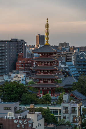 Tokyo, Taito Ward - August 18, 2018 : Late afternoon aerial view of Pagoda at Senso-ji Temple in Asakusa.のeditorial素材