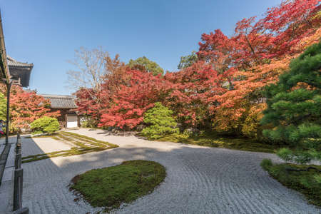 Autumn leaves Fall foliage at Tenjuan Temple raked gravel Rock Garden. Subtemple of Nanzenji. Located in Higashiyama, Kyoto, Japanのeditorial素材