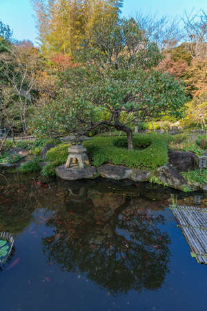 Kamakura, Kanagawa, Japan - November 16, 2017 - Garden and Pond at Hasedera temple complex (Kaiko-zan Jisho-in Hase-dera) Also known as Hase-Kannon.のeditorial素材