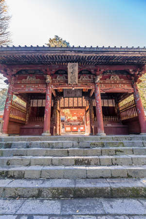 Fujiyoshida city, Yamanashi Prefecture, Japan - Nobember 19, 2017 : Main gate of Kitaguchi Hongu Fuji Sengen Jinja shinto shrine. Mount Fuji's Northern Gatewayのeditorial素材