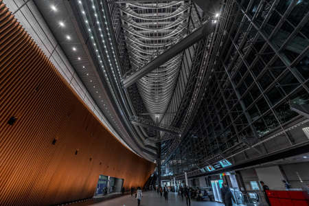 Tokyo, Japan - November 17, 2017: Interior of The Tokyo International Forum at night. Multi-purpose exhibition center completed in 1996 by architect Rafael ViÃ±oly. located in Marunouchi district, Tokyo, Japanのeditorial素材