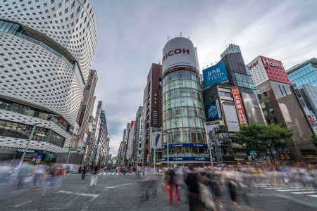 Ginza, Tokyo  - August 19, 2018 : Motion blurred Tourists walking around Ginza district closed to the traffic on weekendのeditorial素材