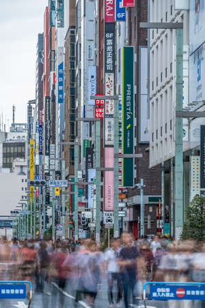 Ginza, Tokyo  - August 19, 2018 : Motion blurred local people and Tourists walking around luxury shopping Ginza district closed to the traffic on weekendのeditorial素材