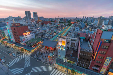 Taito Ward, Tokyo - August 18, 2018 : Colorful sunset aerial view of Asakusa District. Kaminarimon Gate and Senso-ji Temple complexのeditorial素材