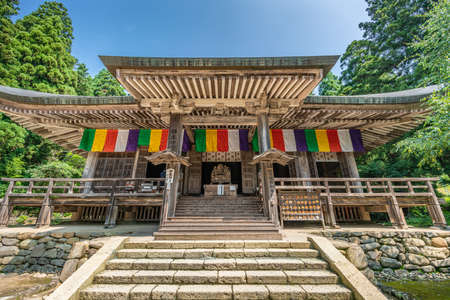 Yamagata, Japan - July 31, 2019 : Konpon Chudo hall of Yamadera temple. Japan's oldest building made of beechwoodのeditorial素材