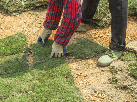 A Worker Is Installing Grass Tiles. New Development In Chinaの写真素材
