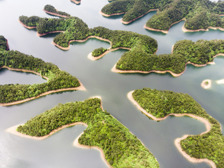 Aerial View of Thousand Island Lake. Bird View of Freshwater Qiandaohu. Sunken Valley in Chunan Country, Hangzhou, Zhejiang Province, China.の写真素材