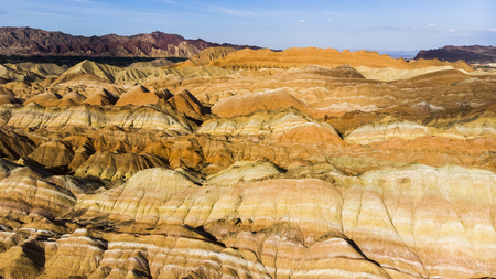 Rainbow Mountains Geological Park. Stripy Zhangye Danxia Landform Geological Park in Gansu Province, China on a Sunny Day.の写真素材