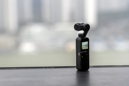 CHINA, SHANGHAI - FEBRUARY 2, 2019. DJI OSMO POCKET Is Filming The Whole Day Timelapse Of The Bund In Shanghai. Steadicam Is Shooting Hyper-lapse.のeditorial素材