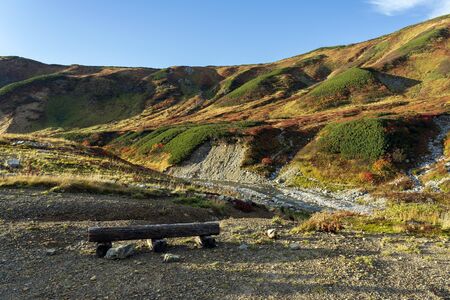 The Wooden Log Bench With Good View To A Mountain River