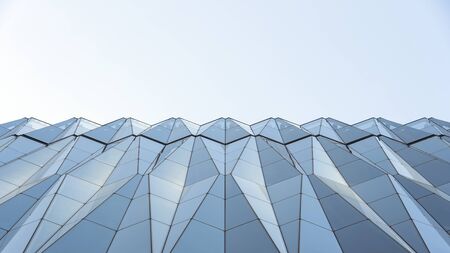 Closeup View Of Diamond Shape Curtain Walls. Clear Glass Crystal Windows Of Building. Spandrel Facade System And Sky