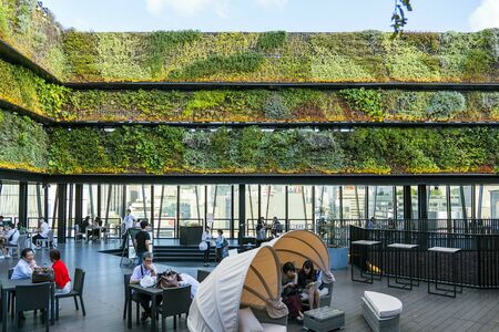 TOKYO, JAPAN - OCTOBER 6, 2018. Vertical Green Wall And Open Air Terrace. Cafe And Restaurant Is On...