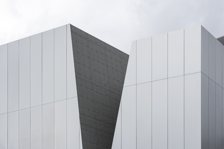 TOKYO, JAPAN - OCTOBER 8, 2018. Sumida Hokusai Museum by SANAA. Aluminum Cladding and Expanded Metal Mesh Panels. Modern Grey Silver Cut Facade.のeditorial素材