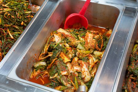 Tray of Pickled Spicy Vegetable. Juicy Chilli Cabbage. Fresh Korean Kimchi on Asian Restaurant.の写真素材