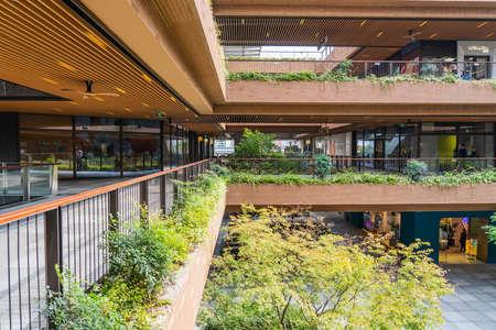 SHANGHAI, CHINA - NOVEMBER 10, 2018. Ruihong Tiandi Shopping Mall. External Courtyard of a Retail...