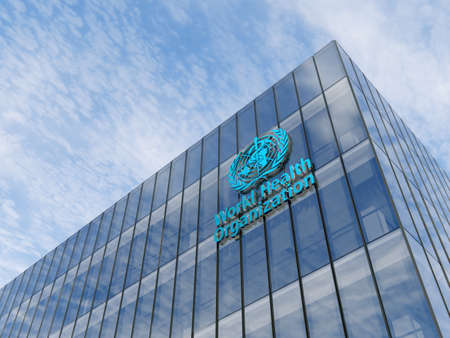 June 15, 2020, Editorial Use Only, 3D CGI. World Health Organization Signage Logo on Top of Glass...
