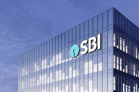 Mumbai, India. February 27, 2021. Editorial Use Only, 3D CGI. SBI Banking Signage Logo on Top of Glass Building. State Bank of India Corporation Company in High-rise Office Headquarter.のeditorial素材