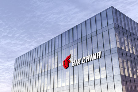 Beijing, China. February 17, 2021. Editorial Use Only, 3D CGI. Air China Corporation Signage Logo on Top of Glass Building. Workplace Airline Company Office Headquarter.のeditorial素材