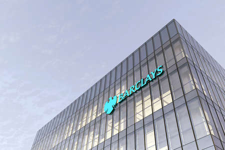 London, United Kingdom. February 18, 2021. Editorial Use Only, 3D CGI. Barclays Signage Logo on Top of Glass Building. Workplace Financial Services Company in High-rise Office Headquarter.のeditorial素材